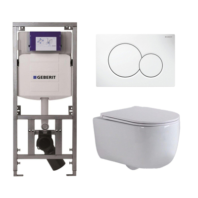 QeramiQ Dely Swirl Toiletset - 36.5x53cm - Geberit UP320 inbouwreservoir - slim zitting - witte sigma bedieningsplaat - ronde knoppen - glans wit