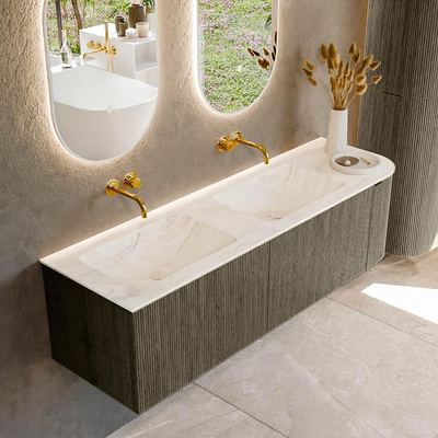 Mondiaz KURVE-DLUX Ensemble de meuble de salle de bains - 155x46x40cm - 2 tiroirs - 1 porte - lavabo solid surface - double / gauche - sans trou de robinet - Shadow