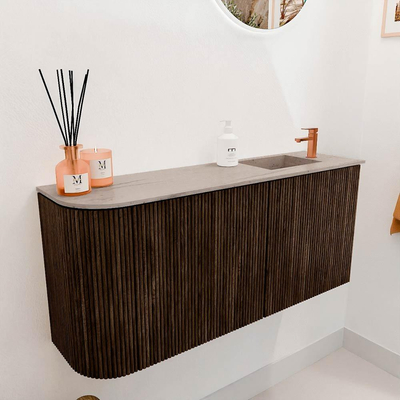 Mondiaz JOYA-DLUX 91.6cm toiletmeubel - ronding links kleur Walnut - Wastafel FAYE positie Rechts 1 kraangat kleur Saba.
