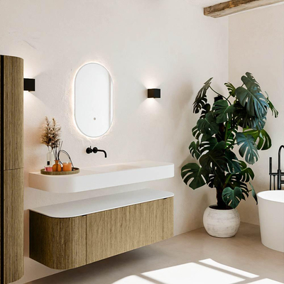 MONDIAZ THOR 140cm meuble de salle de bains arrondi gauche + droite couleur Dusk avec 1 tiroir et 2 portes. Vasque suspendue CLOUD Milieu sans trou de robinet couleur Talc.