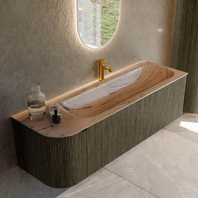 MONDIAZ KURVE-DLUX Meuble de salle de bains 145cm arrondi à gauche couleur Shadow avec 1 tiroir et 1 porte. Lavabo BIG LARGE à droite 1 trou de robinet Arena.