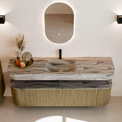 MONDIAZ THOR-DLUX Meuble de salle de bains 170cm arrondi gauche + droite couleur Dusk avec 1 tiroir et 2 portes. Vasque suspendue CLOUD Milieu 1 trou de robinet couleur Sombra.