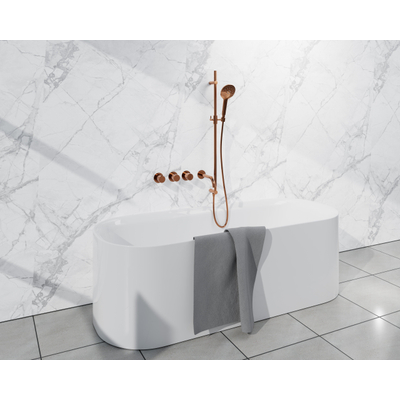 Fortifura Nebbio Ensemble combiné bain - robinet thermostatique - barre de glissement avec coude mural intégré - flexible de douche métallique - douchette ronde - bec verseur - cuivre brossé
