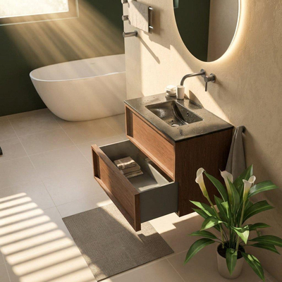 Saniclass Holz Frame Ensemble meuble de salle de bains - 80x45x62cm - lavabo Vygo en céramique noir - 1 vasque - sans trou de robinet - 2 tiroirs - walnut pure mat (bois)