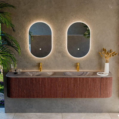 MONDIAZ KURVE-DLUX Meuble de salle de bains 200cm arrondi Gauche + Droite couleur Ruby avec 2 tiroirs et 2 portes. Lavabo STOR SMALL Double 2 trous de robinet Sombra.