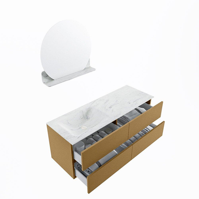 Mondiaz VICA-DLUX ensemble de meuble de salle de bain - 130cm - meuble sous-vasque oro - 4 tiroirs - lavabo encastré cloud gauche - sans trous de robinet - version haute de 60cm - opalo