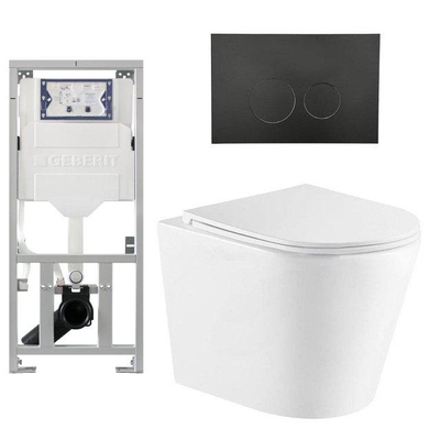 QeramiQ Dely Pack WC cuvette sans bride 36.3x51.7cm avec bâti-support Geberit UP320 abattant WC blanc mat frein de chute et plaque de commande Noir mat boutons Ronds