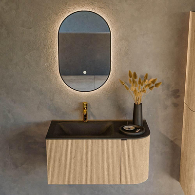 MONDIAZ KURVE meuble de salle de bains 85cm avec module 25 R couleur chêne avec 1 tiroir et 1 porte. Lavabo CLOUD gauche 1 trou de robinet Urban.