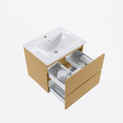 Mondiaz VICA ensemble de meuble de salle de bain - 60cm - meuble sous-vasque oro - 2 tiroirs - lavabo denia milieu - 1 trou de robinet - version haute de 60cm - blanc brillant