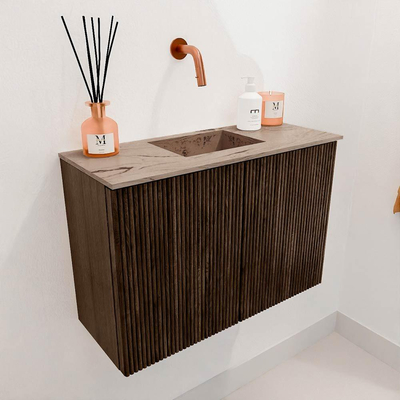 Mondiaz JOYA-DLUX Meuble de toilette 60cm - couleur Walnut - Vasque FAYE position Milieu Sans trou de robinet couleur Arena