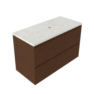 Saniclass Holz Pure Ensemble de meubles de salle de bains - 100x45x63cm - Plan vasque en marbre Dia poli (blanc) - sans trou de robinetterie - 2 tiroirs - walnut pure mat (bois)