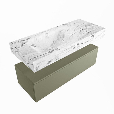 Mondiaz ALAN-DLUX Ensemble de meuble - 110cm - meuble Army mat - 1 tiroir - Lavabo Cloud Glace suspendu - vasque Gauche - 0 trous de robinet