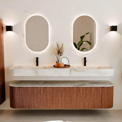 MONDIAZ THOR-DLUX Meuble de salle de bains 190cm arrondi gauche + droite couleur Ruby avec 2 tiroirs et 2 portes. Vasque suspendue CLOUD Double 2 trous de robinet couleur Frappe.