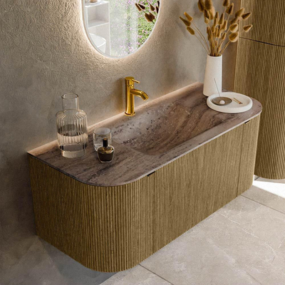 MONDIAZ KURVE-DLUX Meuble de salle de bains 110cm arrondi Gauche + Droite couleur Dusk avec 1 tiroir et 2 portes. Lavabo CLOUD Central 1 trou de robinet Oza.