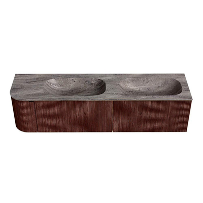 MONDIAZ KURVE-DLUX meuble de salle de bains 175cm arrondi à gauche couleur Ruby avec 2 tiroirs et 1 porte. Lavabo STOR SMALL Double / Droite sans trou de robinet Oza.