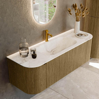Mondiaz KURVE-DLUX Ensemble de mobilier de salle de bains - 140x46x40cm - 1 tiroir - 2 portes - vasque solid surface - central - 1 trou de robinet - Dusk