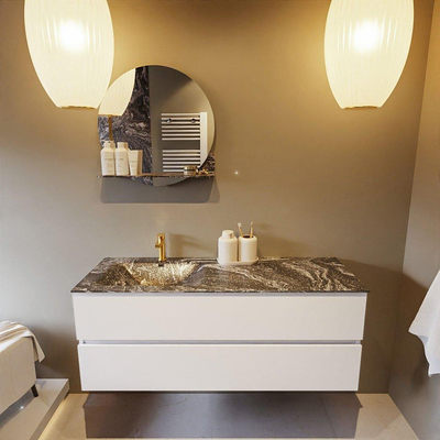 Mondiaz VICA-DLUX ensemble de meuble de salle de bain - 130cm - meuble sous lavabo talc - 2 tiroirs - lavabo encastré cloud gauche - 1 trou de robinet - miroir modèle spot - version XL 60cm haut - lave