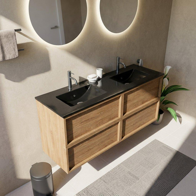 Saniclass Holz Frame Ensemble de meubles de salle de bains - 140x45x62cm - lavabo Vygo en céramique noir - 2 vasques - 2 trous de robinet - 4 tiroirs - chêne natural mat (bois)