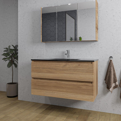 Saniclass Chaci Ensemble meuble de salle de bains - 100x46x55cm - lavabo céramique noir - 1 vasque - 1 trou de robinet - 2 tiroirs - armoire de toilette - chêne