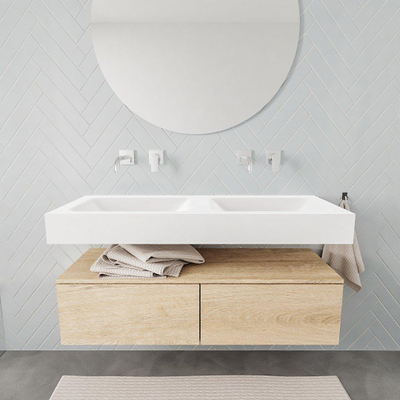 MONDIAZ ALAN 120cm - onderkast - washed oak - 2 lades - vrijhangende wastafel - 2 wasbakken - 0 kraangaten - talc