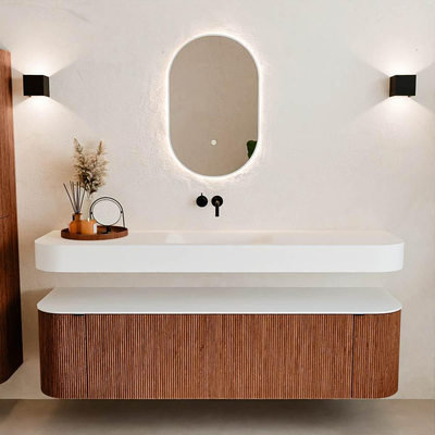 MONDIAZ THOR Meuble de salle de bains - 170cm - arrondi gauche + droite - couleur Ruby - 1 tiroir - 2 portes - Vasque suspendue CLOUD Milieu sans trou de robinet - couleur Talc