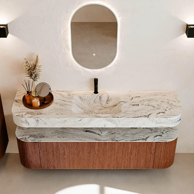 MONDIAZ THOR-DLUX Meuble de salle de bains - 170cm - arrondi gauche + droite - couleur Ruby - 1 tiroir - 2 portes - Vasque suspendue CLOUD Milieu 1 trou de robinet couleur Glace