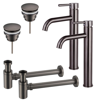 Fortifura Calvi Kit robinet lavabo - pour double vasque - robinet rehaussé - bonde clic clac - siphon design bas - Gunmetal PVD