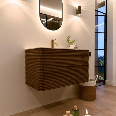 Mondiaz CIRO-DLUX Badkamermeubelset - 90x45x50cm - Solid surface wastafel Nata - 1 wasbak Midden - 1 kraangat - 2 lades - Dusk