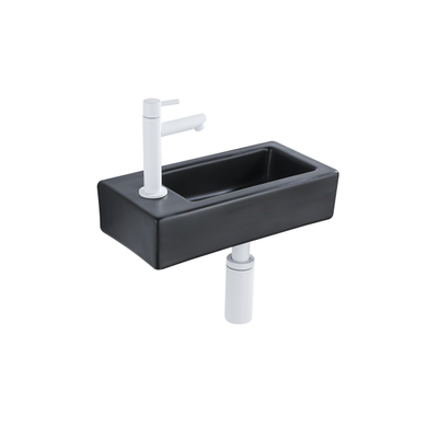QeramiQ Fuente Fonteinset - 37.5x18.5x9cm - keramiek - kraangat links - fonteinkraan mat wit - afvoerplug - verlaagd sifon - Mat Zwart