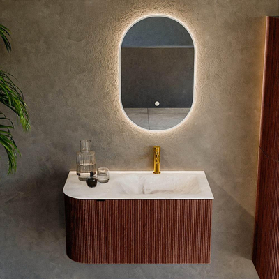 Mondiaz KURVE-DLUX Ensemble de meuble de salle de bains - 85x46x40cm - 1 tiroir - 1 porte - vasque solid surface - droite - 1 trou de robinet - Ruby