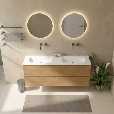 Saniclass Holz Pure Ensemble de meubles de salle de bains - 160x45x61.5cm - Vasque Flow en solid surface blanc - 2 vasques - sans trous de robinet - 4 tiroirs - chêne natural mat (bois)