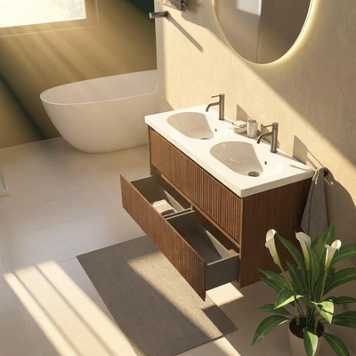 Saniclass Holz Atelier Ensemble de meubles de salle de bains - 120x45x63.5cm - Lavabo en céramique Palermo blanc - 2 vasques - 2 trous de robinetterie - 2 tiroirs - walnut pure mat (bois)