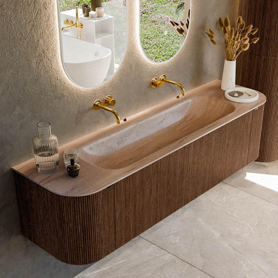 MONDIAZ KURVE-DLUX Meuble de salle de bains 170cm arrondi Gauche + Droite couleur Walnut avec 1 tiroir et 2 portes. Lavabo BIG LARGE Central sans trou de robinet Saba.