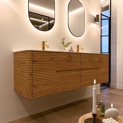 Mondiaz CIRO-DLUX Badkamermeubelset - 160x45x50cm - Solid surface wastafel Opalo - 2 wasbak Dubbel - 2 kraangaten - 4 lades - Oak