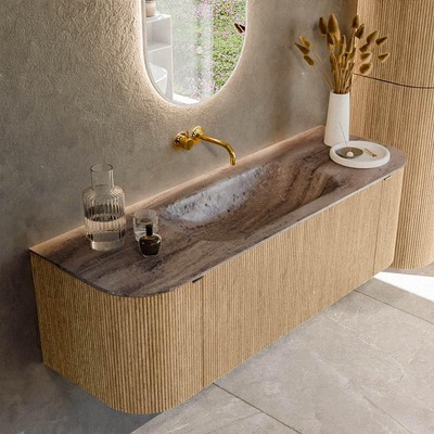 MONDIAZ KURVE-DLUX 140cm badmeubel ronding Links + Rechts kleur Oak met 1 lade en 2 deuren. Wastafel BIG SMALL Midden zonder kraangat Oza.
