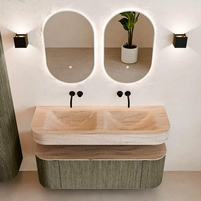 MONDIAZ THOR-DLUX 130cm meuble de salle de bains arrondi gauche + droite couleur Shadow avec 1 tiroir et 2 portes. Vasque suspendue CLOUD Double sans trou de robinet couleur Saba.