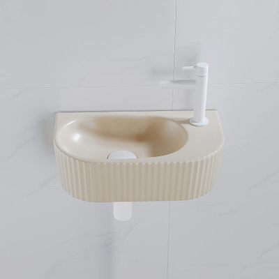 QeramiQ Fuente Ensemble de Lavabo - 40x21.5x12cm - droite - strié - demi-rond - 1 trou de robinet - céramique - ensemble de robinet blanc mat - bouchon de vidange - siphon réduit - beige