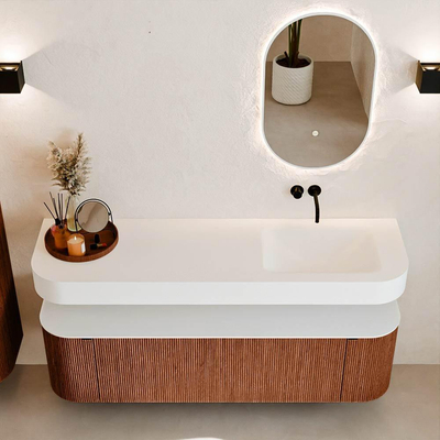 MONDIAZ THOR 160cm meuble de salle de bains arrondi gauche + droite couleur Ruby avec 1 tiroir et 2 portes. Vasque suspendue CLOUD Droite sans trou de robinet couleur Talc.