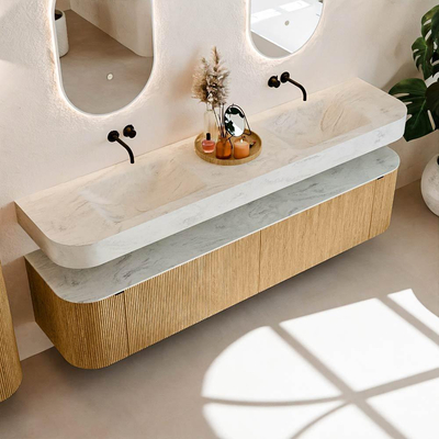 MONDIAZ THOR-DLUX 200cm meuble de salle de bains arrondi gauche + droite couleur Chêne avec 2 tiroirs et 2 portes. Vasque suspendue CLOUD Double sans trou de robinet couleur Opalo.