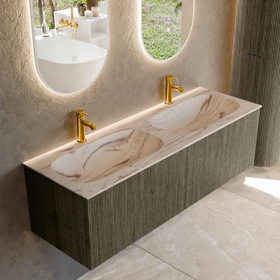 MONDIAZ KURVE-DLUX Meuble de salle de bains 140 cm couleur Shadow avec 2 tiroirs et 0 portes. Lavabo STOR SMALL Double 2 trous de robinet Nata.