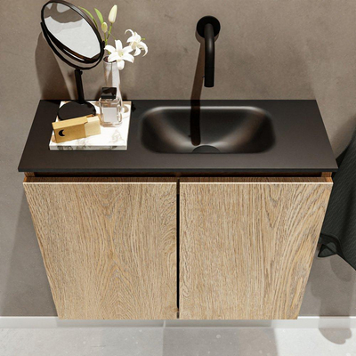 Mondiaz TURE Meuble lave-mains 60x23x50cm sans trous de robinet 2 portes Washed oak mat Lavabo Eden Droite Solid Surface Noir