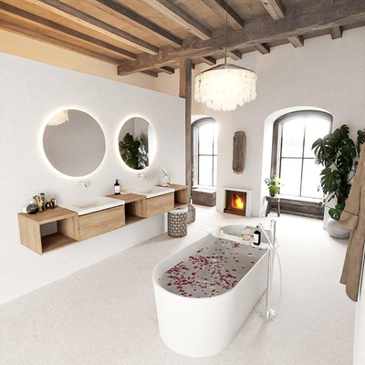 MONDIAZ BUKLA Meuble de salle de bains 240cm avec module ouvert 40 L+M+R couleur Chêne blanchi avec 2 tiroirs. Lavabo CLOUD double 0 trous de robinet couleur Talc.