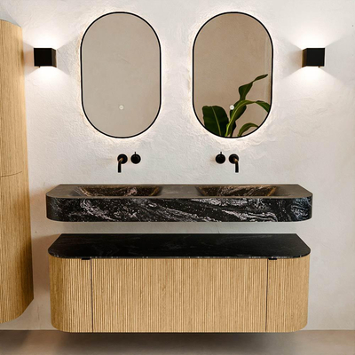 MONDIAZ THOR-DLUX 140cm meuble de salle de bains arrondi gauche + droite couleur Oak avec 1 tiroir et 2 portes. Vasque suspendue CLOUD Double sans trou de robinet couleur Lava.