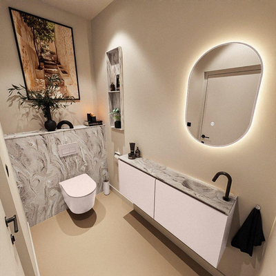 MONDIAZ TURE-DLUX Meuble de toilettes 120 cm Rosee. Lavabo EDEN Glace position à droite. Avec 1 trou de robinet.