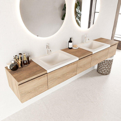 Mondiaz BUKLA badkamermeubelset 240x45x34cm 2 kraangaten 2 wasbakken solid surface Talc greeploos 5 lades met softclose Melamine Washed Oak