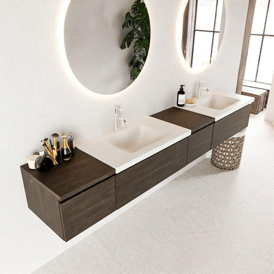 MONDIAZ BUKLA 240cm ensemble de meuble avec module 40 à droite couleur Marron Foncé avec 4 tiroirs. Lavabo CLOUD double 2 trous de robinet couleur Talc.