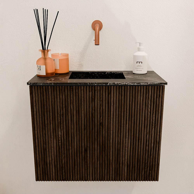 Mondiaz JOYA-DLUX 50cm toiletmeubel - kleur Walnut - Wastafel FAYE positie Midden Zonder kraangat kleur Lava.