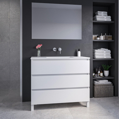 Saniclass Chaci PLUS Meuble de salle de bain - 100x86x46cm - lavabo en céramique blanc - 1 vasque - sans trous de robinet - 3 tiroirs - miroir rectangulaire - blanc mat