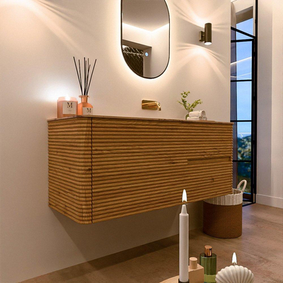 Mondiaz CIRO-DLUX Ensemble de meubles de salle de bains - 120x45x50cm - vasque Solid surface Arena - 1 bassin à droite - sans trous de robinet - 2 tiroirs - Chêne