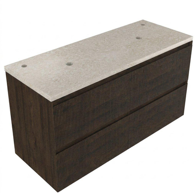 Saniclass Holz Atelier Ensemble de meubles de salle de bains - 120x45x63cm - Plan de travail en pierre naturelle travertin - 2 trous de robinetterie - 2 tiroirs - chêne charcoal mat (bois)